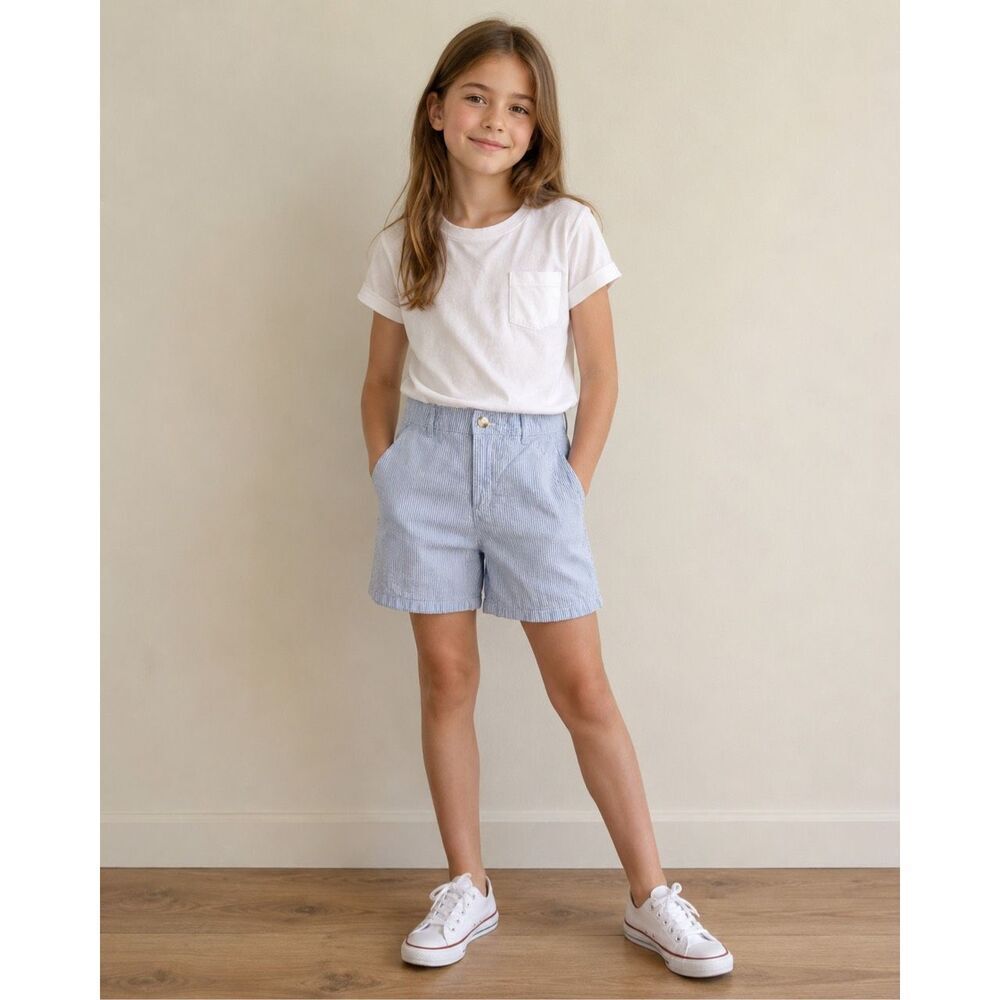 Gymboree Girls Seersucker Shorts Size 10 Blue White Stripe Cotton Summer Preppy